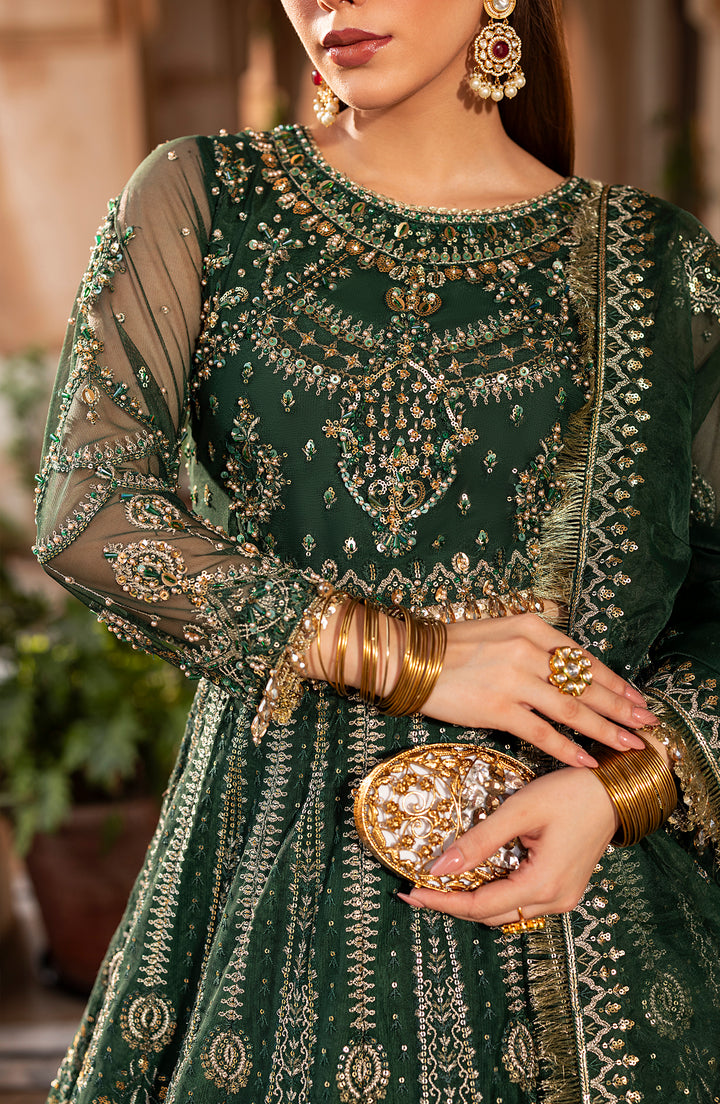 Model front look wearing Aylin emerald maxi with elegant neckline